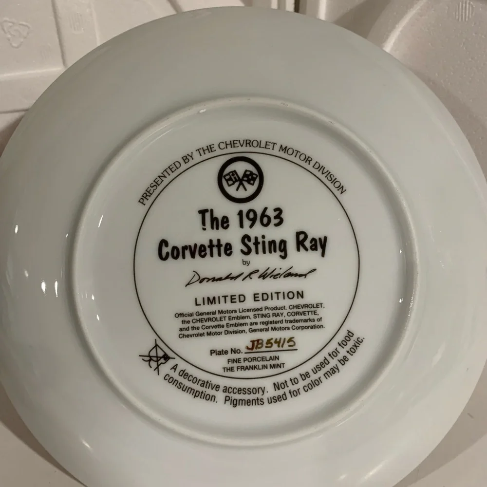 Franklin Mint 1963 Corvette Sting Ray Plate # JB5415